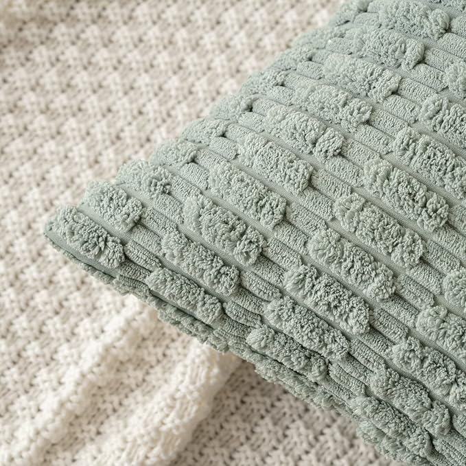 MIULEE Pack of 2 Spring Corduroy Decorative Euro Sham Throw Pillow Covers 22x22 Inch Soft Boho Striped Pillow Covers Modern Farmhouse Home Decor for Summer Sofa Living Room Couch Bed Greyish Green - Image 2