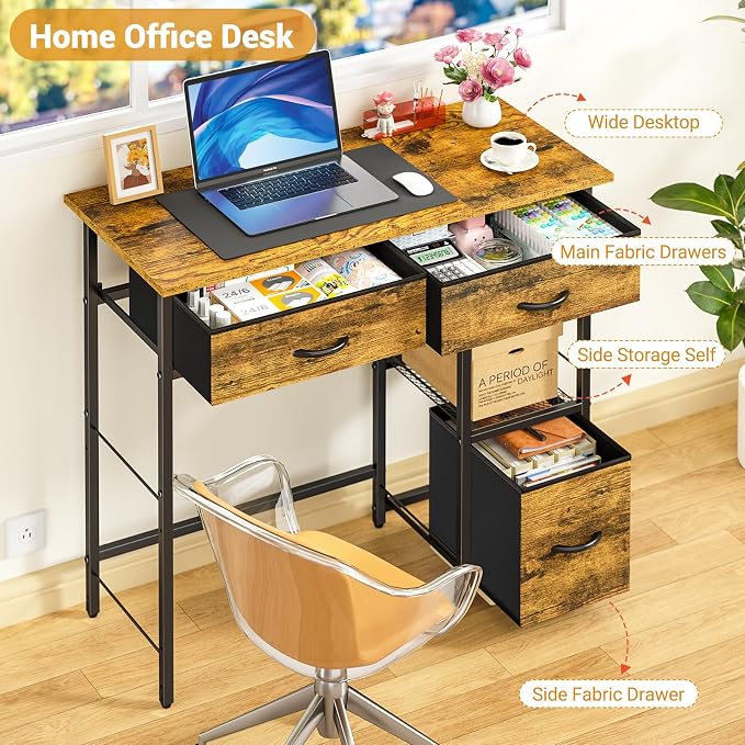 3IngSeagulls 33 Inch Small Computer Desk with Fabric Drawers, Home Office Desk with Storage Shelf, Compact Desks for Small Spaces, Teen Study Table for Bedroom, Rustic Brown - Image 5