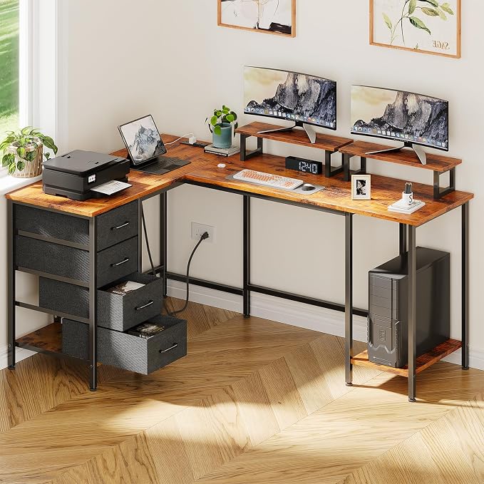 Korfile 59 inch L Shaped Computer Desk with Power Outlets, Rustic Brown | Ideal for Home Office, Bedroom, Corner, 4 Adjustable Storage Drawers, 2 Monitor Stands, Reversible, Two Person Gaming Table - Image 9
