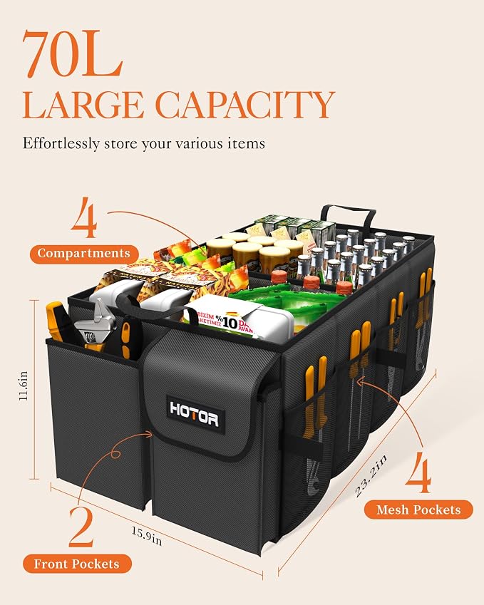 HOTOR Trunk Organizer - Car Organizer, Foldable Trunk organizer for SUVs & Sedans, Sturdy Car Organization for Car Accessories, Tools, Sundries, Black, 4 Compartments, 23.2"×16.0"×11.6" - Image 3
