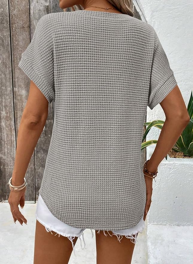 Dokotoo Womens Waffle Knit Tops 2026 Spring Summer V Neck Shirts Casual Trendy Women's Blouses Basic Tee - Image 3