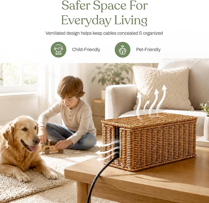 Cable Management Box Set of 2 Sizes, Handmade Rattan Cable Organizer with 2 Open Slots, Cord Hider for Power Strip, Router & USB Hub, Registered U.S. Design Patent (D1,112,102), Natural - Image 8