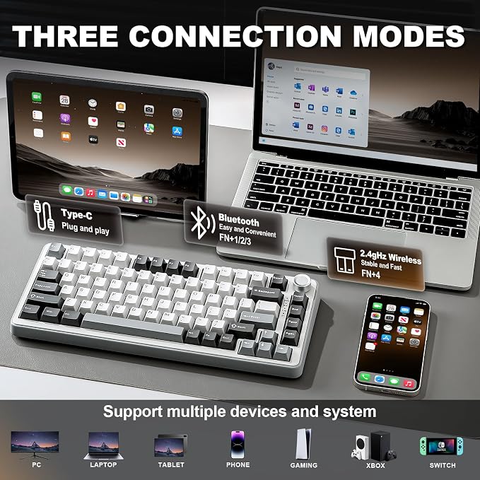 YUNZII B75 PRO 75% Wireless Mechanical Keyboard (Grey, Cocoa Cream V2) | Hot Swap Keyboard with Knob, Gasket Mount, Creamy Pre-lubed Switch for Smooth Typing, BT/USB-C/2.4G, for Gaming - Image 3