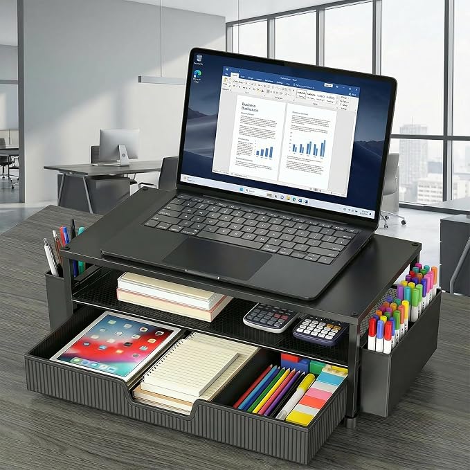 ECOLOVI Desk Organizer and Accessories, 2-Tier Computer Monitor Stand Rise with Storage Drawer & 2 Pen Holders, Laptop & Printer Stand for Desktop, Workspace Organizers for Office Supplies (Black) - Image 5