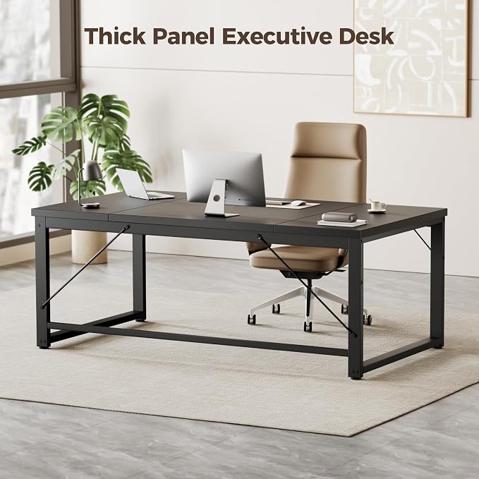 Mericonia 63 Inch Computer Desk, 1" Thick Large Office Table, Black | Modern Simple Style, Heavy Duty Industrial Frame, Large Study & Writing Table for Home Bedroom Work - Image 7