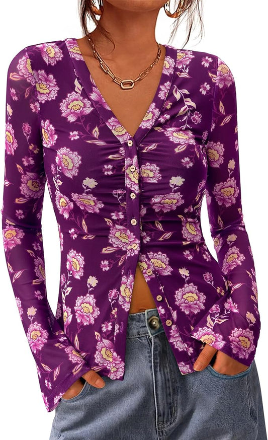 BTFBM Button Down Shirts for Women 2026 Fall Boho Tops V Neck Long Sleeve Blouses Ruched Mesh Fitted Fashion Clothing by BTFBM
