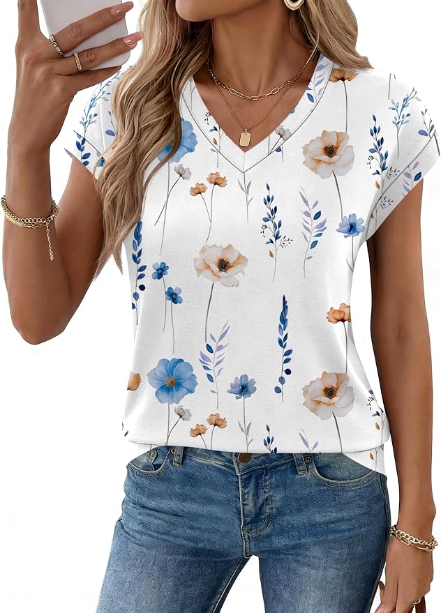 Rapbin Womens Summer Tops Women Blouses Dressy Casual V Neck T Shirts Short Sleeve Spring Tops for Women - Image 2