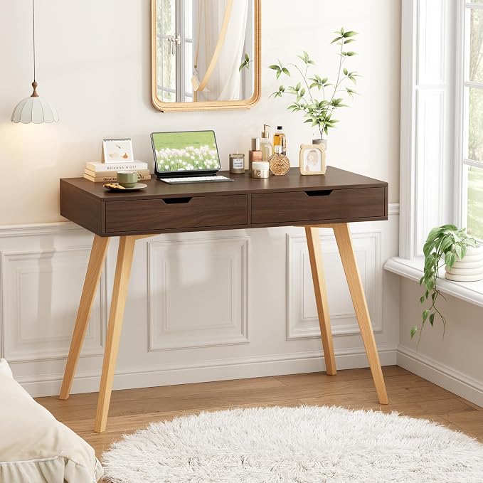FOTOSOK White Computer Writing Desk with 2 Drawers, Small Desk Makeup Vanity Table Wood Desk with 4 Oak Legs, Modern Home Office Desk Console Study Table, Walnut - Image 4