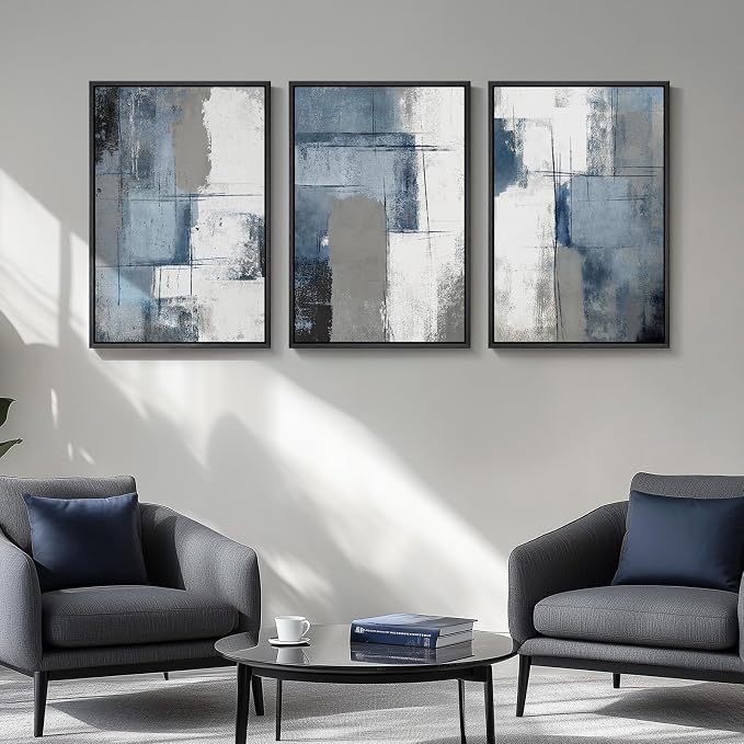 Large Framed Blue and Grey Abstract Wall Art, 3 Piece Modern Canvas Prints Paintings Artwork for Walls, Minimalist Abstract Block Pictures for Living Room Entryway Hallway Bedroom Wall Decor 20x30 In - Image 4