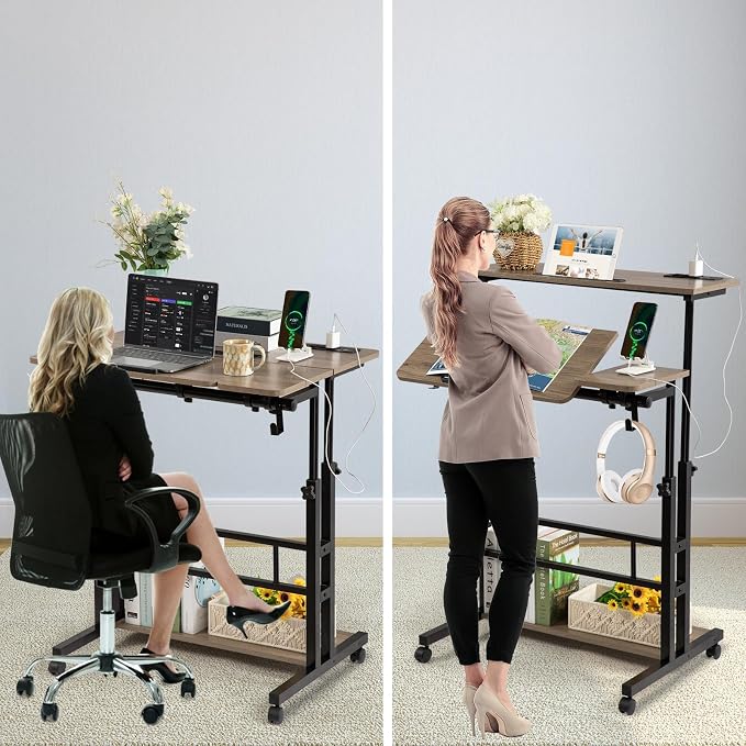 Hadulcet Rolling Stand Up Desk Adjustable Height - Portable Standing Desk with Wheels & Charging Station, Mobile Laptop Desk Small Standing Desk Drawing Table, Grey - Image 5
