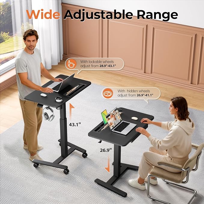 32" Mobile Desk with Drawer, Rolling Standing Desk on Wheels | Height Adjustable Desk with Cup Holder and Hooks, Portable Laptop Cart with Storage for Home Office, Black - Image 3