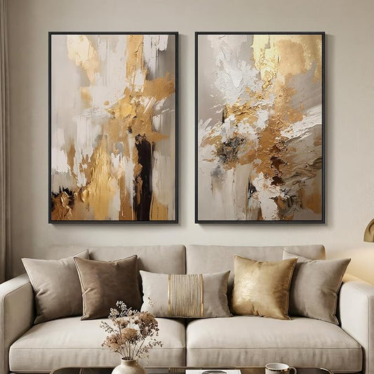 Large Framed Neutral Abstract Wall Art, 2 Piece Modern Canvas Prints Paintings, Beige Gold Abstract Pictures for Living Room Hallway Dining Room Bedroom Office Wall Decor 24x36 In by Cuspin