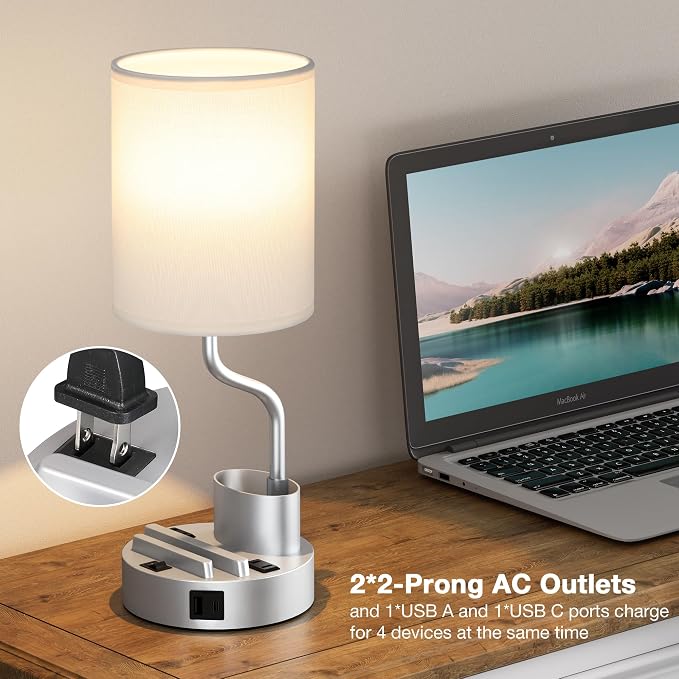 Fenmzee Bedside Lamps for Bedroom Set of 2 - Table Desk Lamp for Nightstand | 15" Table Lamp for Living Room with Pen Holder & Phone Stand, USB A+C Port, AC Outlet, 3 Color Temperature, LED Bulb Included - Image 3