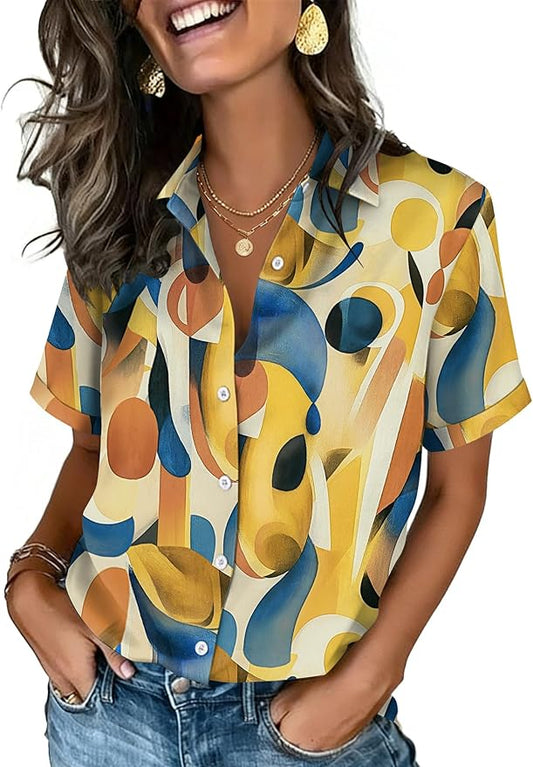 Zeagoo Button Down Shirts for Women Short Sleeve Collared Tops Dressy Casual V Neck Blouses by Zeagoo
