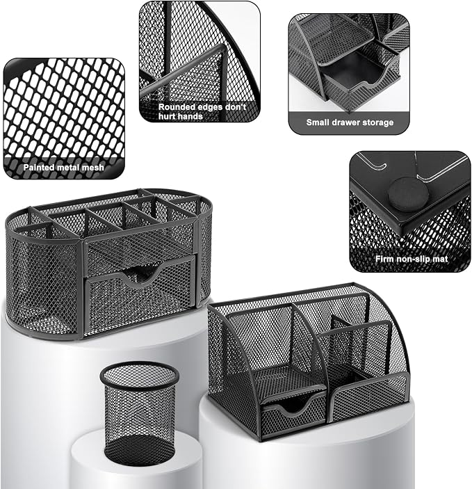 17 in 1 Black Desk Organizers and Accessories Set, 3 Office Desk Supplies Storage Organization, 4 Pens, Stapler, Staples & Remover, Tape & Dispenser, Scissors, Ruler, Clips, Hole Punch, Back to School - Image 3