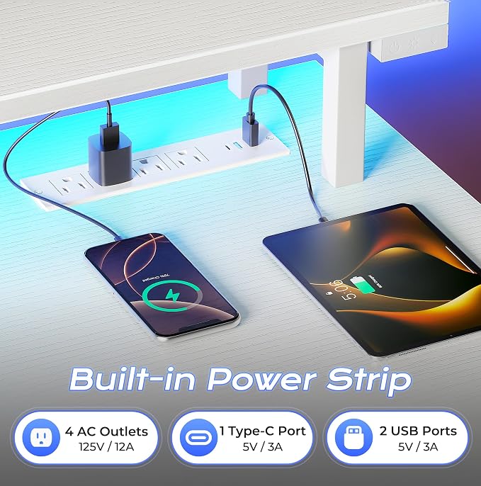 PRAISUN 63 inch Gaming Desk, LED & Power Outlets, Monitor Stand, White | Sturdy PC Desk for Home Office, Study & Work, LED Lights, 4 AC Outlets & USB-C Charging Station - Image 5