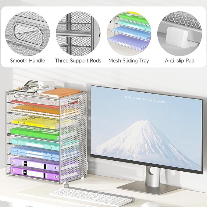 Cawukege 9 Tier Paper Organizer with Handle, Large Capacity Desk Organizer Mesh File Folder Letter Paper Tray Desktop Document Sorter for Classroom, School, and Office Accessories Organization- Silver - Image 4