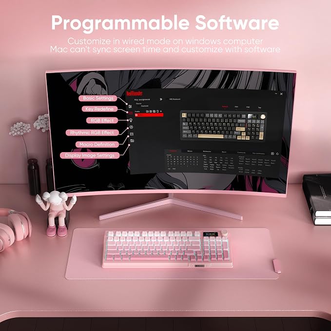 RedThunder K95 Wireless Mechanical Keyboard, TFT Screen & Knob, Triple-Mode, Custom Gasket Mount Hot-Swap, Pre-lubed Linear Pink Switches, RGB Backlit, Side-Printed PBT Keycaps, Gradient Sakura Pink - Image 8