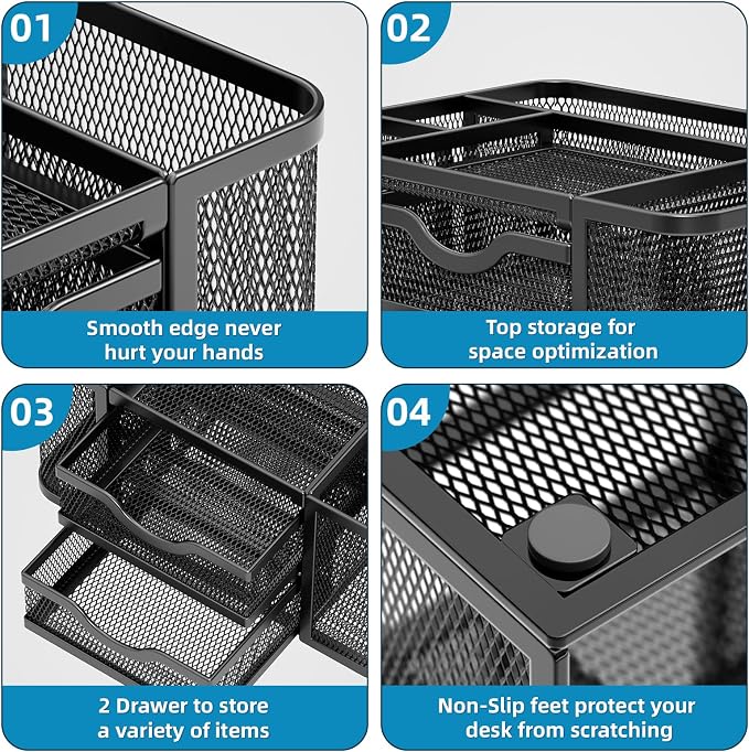 Marbrasse Mesh Desk Organizer, Pen Organizer with 2 Drawer, Multi-Functional Pencil Holder, Desk Organizers and Accessories with 5 Compartments + Drawer for Office Art Supplies (Black) - Image 6