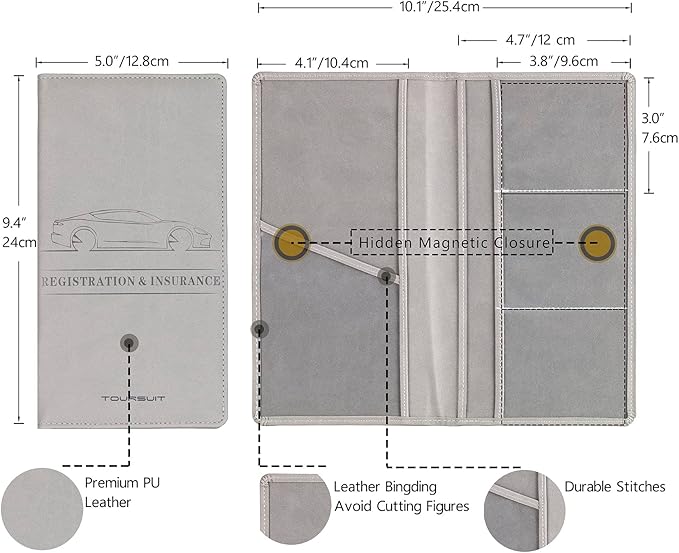 TOURSUIT Car Registration & Insurance Card Holder, Grey | Vehicle License Document Organizer, Glove Box Compartment, Interior Car Accessories, For Women Men - Image 4
