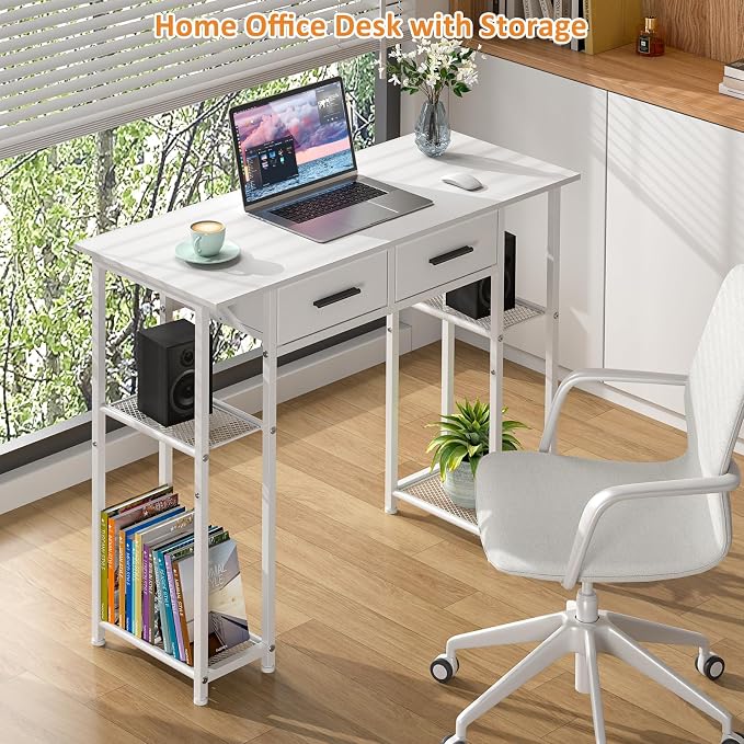 DAOUTIME White Computer Desk with Drawers, 37.3 Inch Home Office Work Desk with Storage Shelf, Kids Teens Study Table for Small Space, Small Writing PC Table for Bedroom Makeup Vanity Desk - Image 4