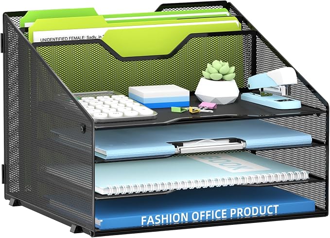 Desk File Organizer with 4 Letter Trays and 2 Vertical File Holders, Black | Metal Mesh Paper Letter Tray Organizer for Documents Folders Mail, Desk Organizers and Accessories for Home Office by SUPEASY