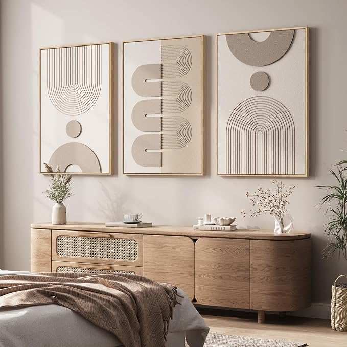 Large 3D Textured Framed Boho Neutral Abstract Wall Art for Living Room, 3 Piece Modern Paintings Artwork for Walls, Minimalist Beige White Geometric Pictures for Bedroom Hallway Office Wall Decor 24x36 In - Image 4