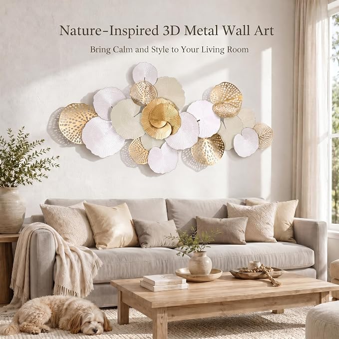 Axioglo 67" Large Wall Decor 3D Lotus Leaf Metal Wall Art for Living Room | 67" x31" metal wall decor with layered metal texture, mounting hardware, two-way display - Image 2