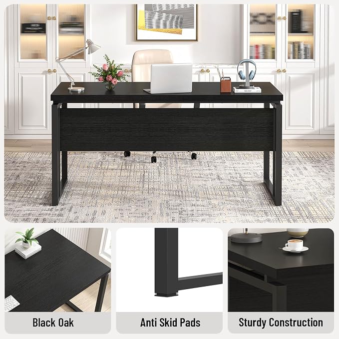 EXCEFUR Black Desk for Home Office, Modern Computer Desk, Wood and Metal Writing Study Table for Workstations, Living Room, Bedroom, 53 Inch - Image 5
