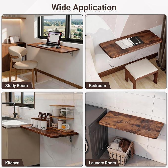 Neoaider Wall Mounted Folding Desk 35.4” x 15.7”, Brown | Drop Down Table with Metal Collapsible Brackets, Folding Wall Table for Small Spaces, Home, Office, Kitchen, Laundry Room - Image 8