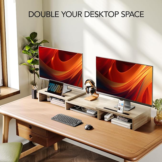 AMERIERGO Dual Monitor Stand Riser- 3 Shelf Screen Stand with Adjustable Length and Angle, 2 Extra Functional Slot Desktop Organizer Stand for PC, Computer, Laptop (Light Wood) - Image 3