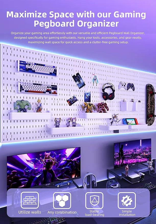 Pegboard Wall Organizer Kit, Modular Storage System, White | 4 Modular 11.8" Pegboards with Hooks & Storage Baskets, Durable ABS/HIPS for Gaming, Office, Craft & Home Organization - Image 4