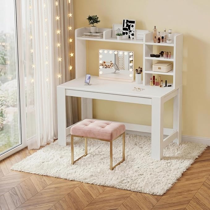 WINAZ White Desk with Hutch and Power Outlet, 43 Inch Small Space Computer Writing Desk with Storage Shelves, Modern Home Office Workstation for Bedroom Dorm - Image 5