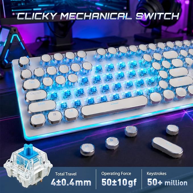 RK ROYAL KLUDGE S108 Typewriter Mechanical Keyboard, Retro Wired Gaming Keyboard with Number Pad and Detachable Wrist Rest, 108 Keys Full Size PC Game Keyboards, Clicky Blue Switch, Blue Backlit White - Image 3