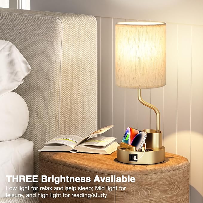 Fenmzee Bedside Lamps for Bedroom Set of 2 - Table Desk Lamp for Nightstand | 15" Table Lamp for Living Room with Pen Holder & Phone Stand, USB A+C Port, AC Outlet, 3 Color Temperature, LED Bulb Included - Image 5