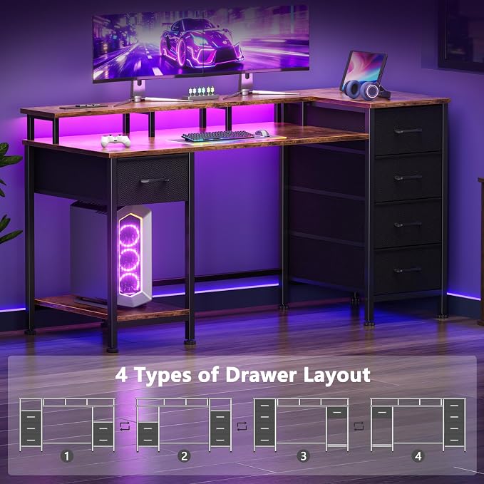 Korfile 47 Inch Computer Desk with Power Outlets,LED,5 Drawers,Rustic Brown | For gaming and working,built-in power outlets and LED lights, 5 fabric storage drawers, 47-inch, monitor stand,, rustic brown - Image 9