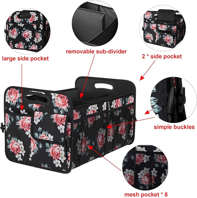 Femuar Car Trunk Organizer,Car Storage Organizer with 72L Large Capacity Waterproof Collapsible and 11 Pockets,Trunk Organizer for Car Suv/Jeep/Sedan, Large Size, Flower - Image 7