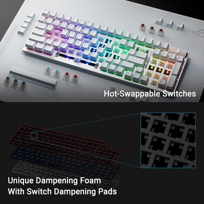 ASUS ROG Strix Scope II 96 Wireless Mechanical Gaming Keyboard – 96% Full-Size, Tri-Mode Connectivity, Hot Swappable Pre-lubed ROG NX Storm Clicky Switches, PBT Keycaps, RGB, PC/Mac Support - White - Image 4
