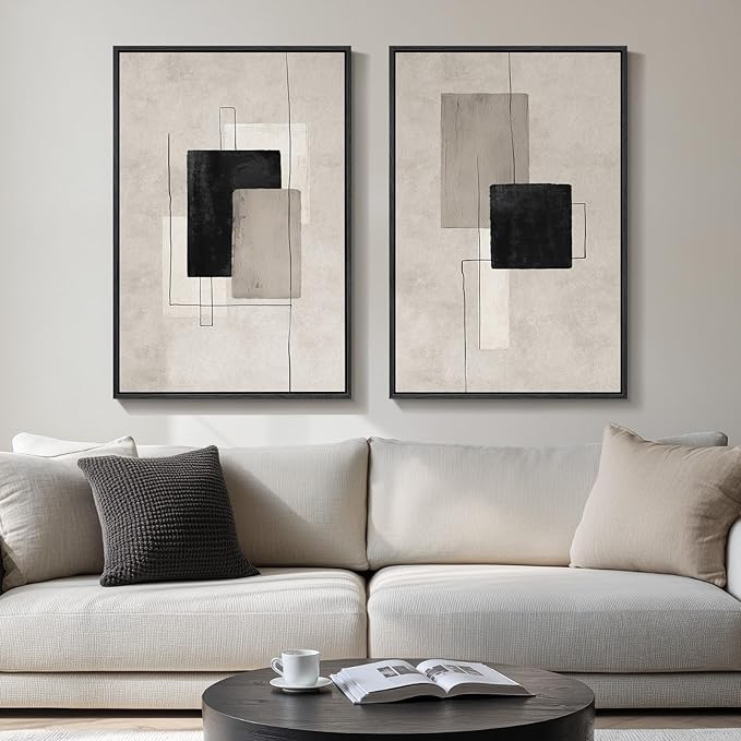 Large Framed Neutral Abstract Wall Art Set of 2, Black Beige Modern Canvas Prints Paintings Artwork for Walls, Minimalist Block Lines Pictures for Living Room Dining Room Bedroom Wall Decor 20x30 In by Cuspin
