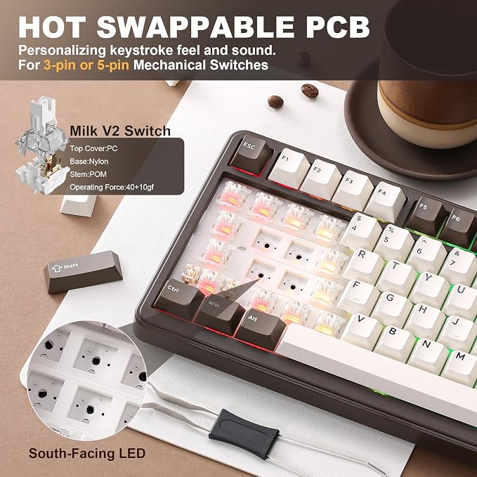 YUNZII B75 PRO 75% Wireless Mechanical Keyboard (Coffee Brown, MilkV2) | Hot Swap Keyboard with Knob, Gasket Mount, Creamy Pre-lubed Switch for Smooth Typing, BT/USB-C/2.4G, for Gaming - Image 5