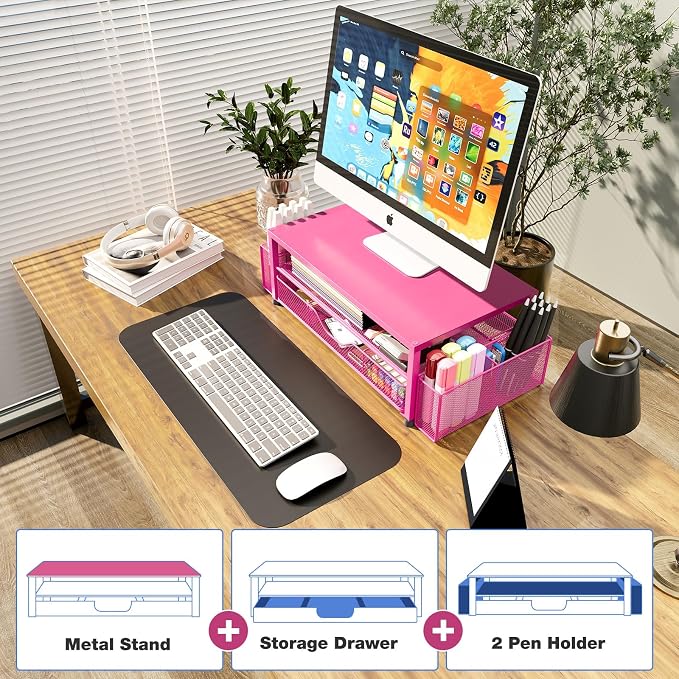 OPNICE Desk Organizer and Accessories, 2-Tier Computer Monitor Stand with Drawer and 2 Pen Holders, Laptop Stand, Office Desk Accessories for Office Supplies, Carmine Rose - Image 6
