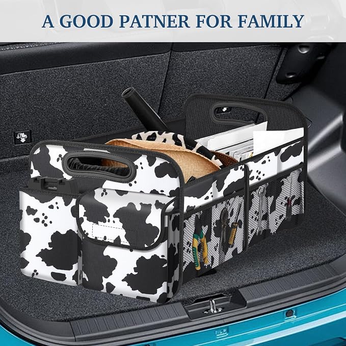 Femuar Car Trunk Organizer, Cow Print, Vintage Style, 52L Capacity, 4 Compartments, Waterproof, Non-Slip, Collapsible, 22.5"D x 18"W x 10.8"H - Image 7