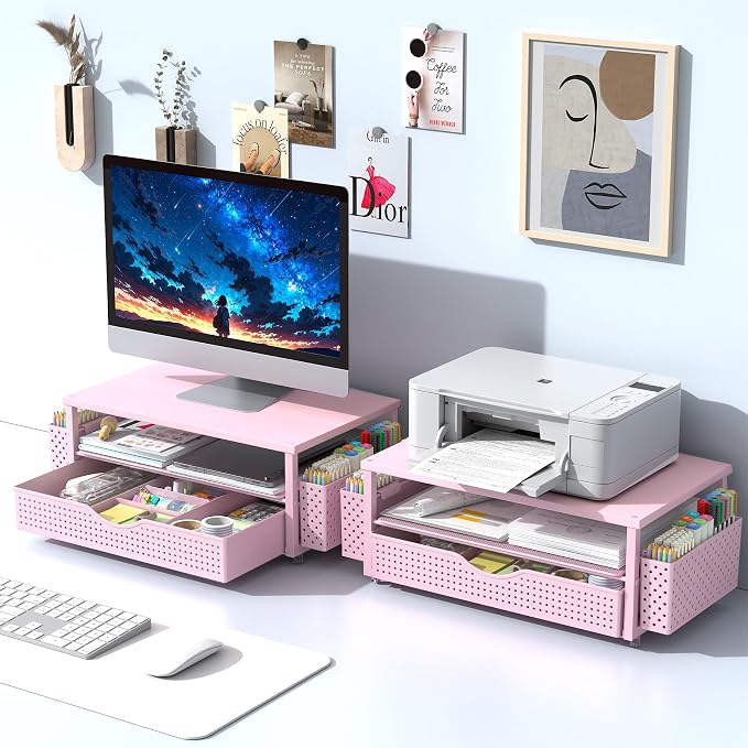 Spacrea Desk Organizer and Accessories, Computer Monitor Stand Riser with Drawer and 2 Pen Holders, Office Desk Accessories & Workspace Organizers for Office Supplies (Pink) - Image 7