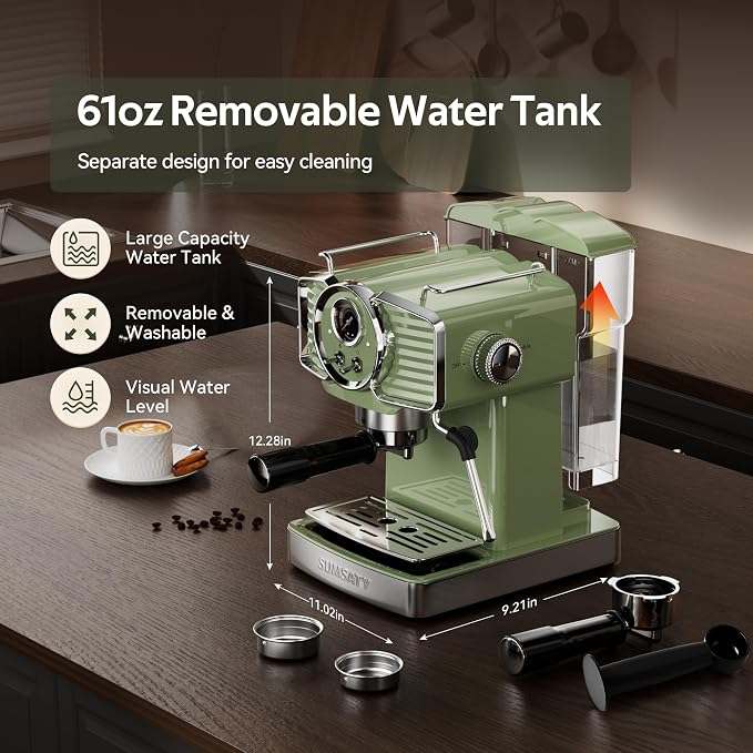 SUMSATY 20 Bar Espresso Machine Retro with Powerful Milk Frother, Green | Visual Pressure Gauge Espresso Coffee Machine 1350W Fast Heating Home Barista for Cappucino Latte Maker, 61oz Water Tank - Image 6