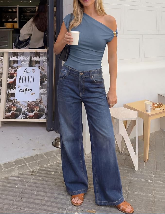 ZESICA Women's 2026 Summer Off Shoulder Tops Going Out Sexy Y2k Shirts Spring Cap Sleeve Ruched Asymmetrical Blouses - Image 4