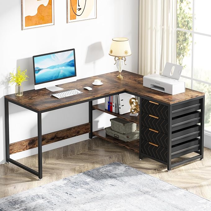 Tribesigns L Shaped Computer Desk with Storage Drawers, 59 inch Corner Desk with Shelves, Reversible L-Shaped Office Desk Study Writing Table Workstation for Home Office, Brown by Unknown