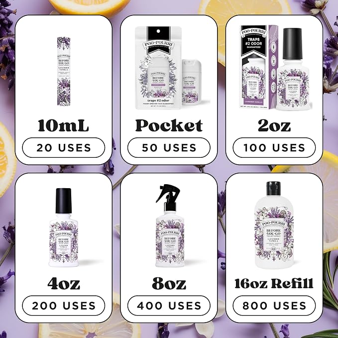 Poo-Pourri Before-You-Go Toilet Spray, Lavender Vanilla, 4 Fl Oz, Up to 200 Uses, Bathroom Odor Deodorizer, Plant-Based with Essential Oils, for Home or Work, Lavender, Vanilla and Citrus Scent - Image 10