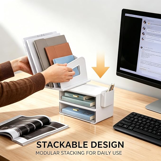 CiWiVOKi Desk Organizer with 4 File Slots and 2 Drawers, White | Desktop organizer with dual pen holders for storing files, mail, notebooks and office supplies in home or office use - Image 8