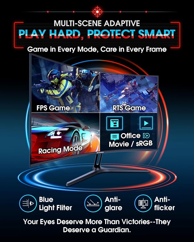 SANSUI 27 Inch Curved 240Hz Gaming Monitor FHD 1080P, 1500R Curve Computer Monitor, 130% sRGB, 4000:1 Contrast, HDR, FreeSync, MPRT 1Ms, Low Blue Light, HDMI DP Ports, Metal Stand, Cable Incl. - Image 8