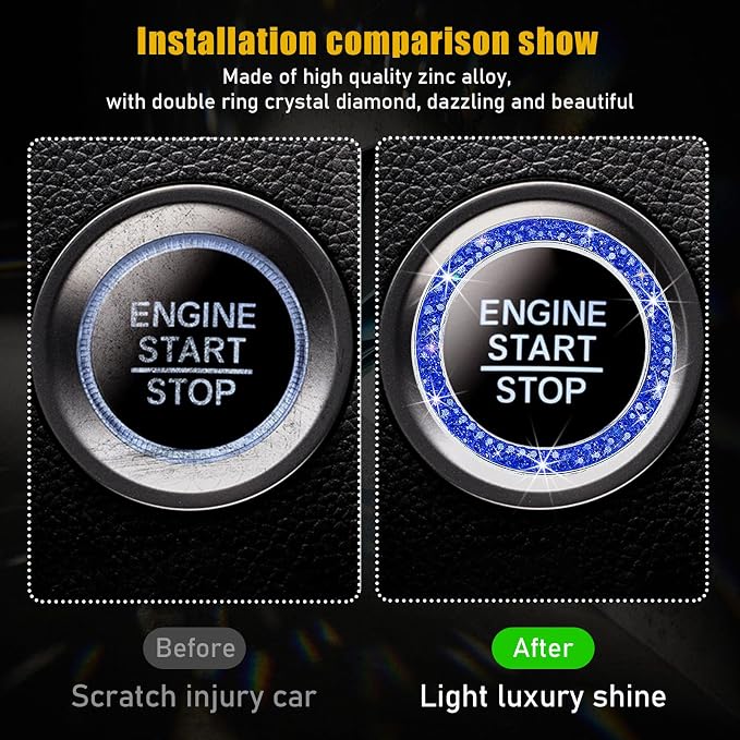 Kewucn Bling Crystal Double Rhinestone Car Engine Start Decoration Ring, Sparkling Push Start Button Sticker, Key Ignition & Knob Ring Decoration, Bling Car Interior Accessory(Dark Blue) - Image 3